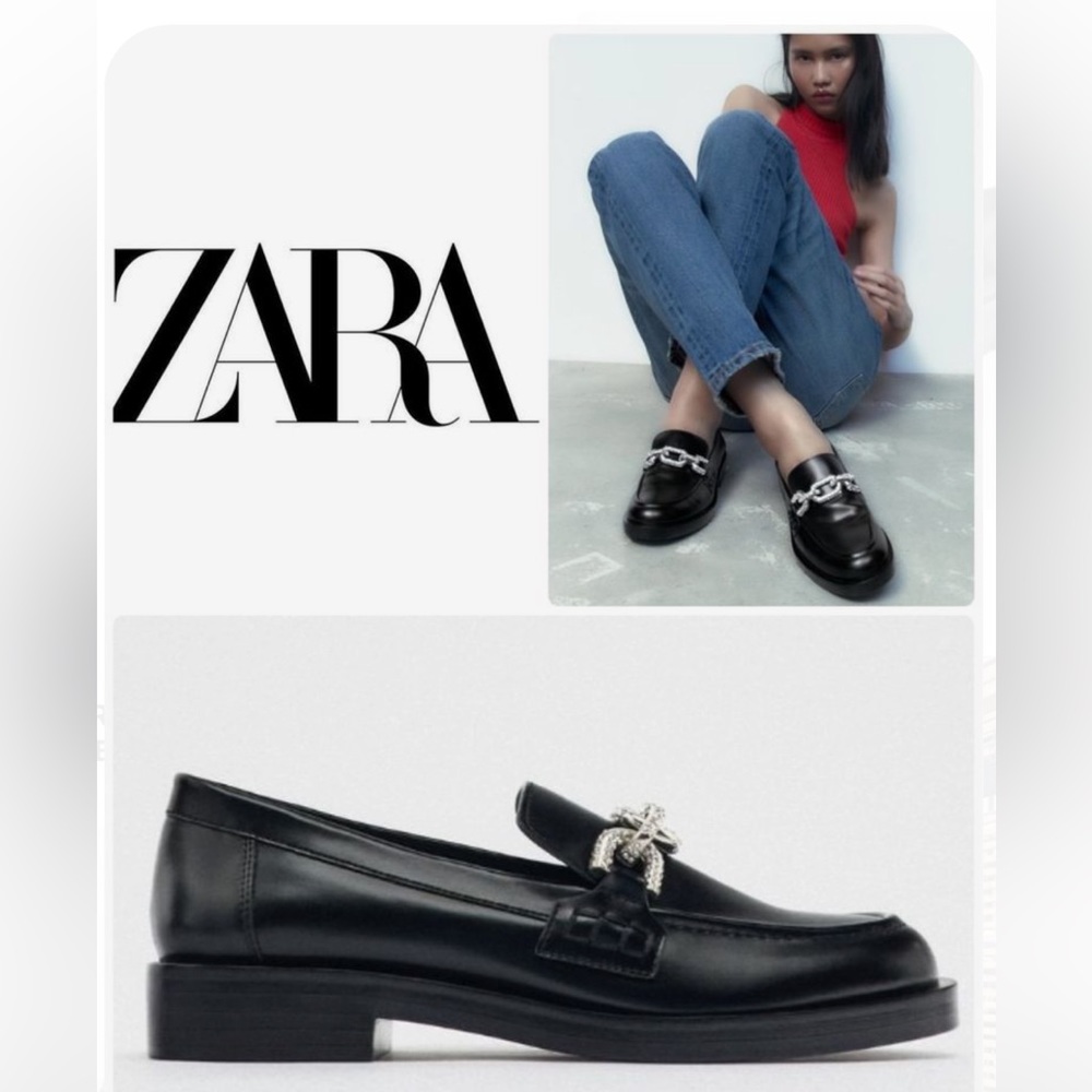 ZARA Black Loafers with Rhinestone Chain Detail - Size 8 - NEW